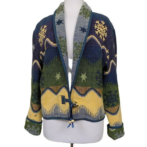 Flashback Vtg Art to Wear Cotton Tapestry Jacket Sz L Shawl Collar Southwestern - Picture 2 of 7